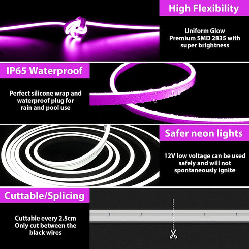 24V 600 GUPUP Neon Light Strip, DC LEDs, Neon Rope Lights,Bright Purple Strip Lighting