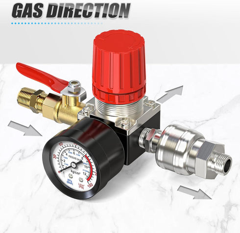 MEANLIN 1/4 Inch Air Compressor Regulator with Gauge, Inline 0-180 PSI for Air Compressor & Pneumatic Tools (Four-way