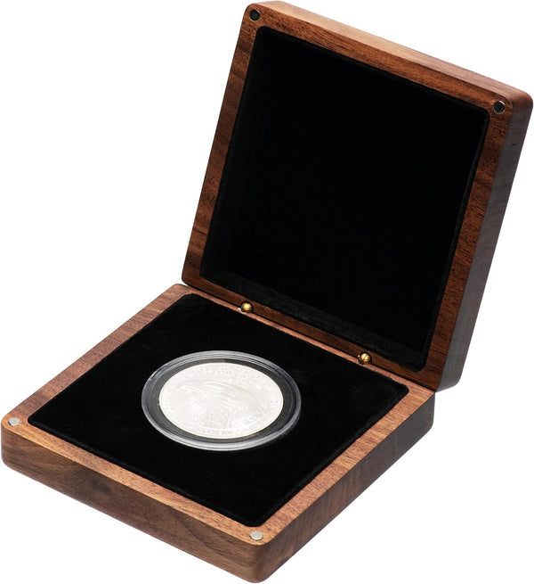 COSISO Single Walnut Wood Challenge Coin Presentation Display Box Storage Case and Plastic