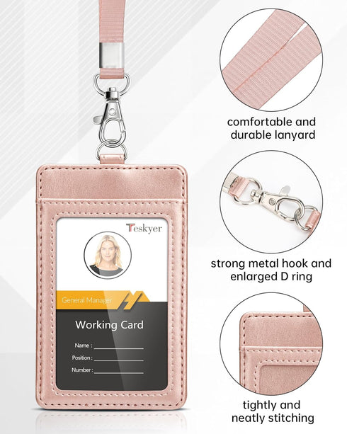 Teskyer Leather ID Badge Holder for Work School IDs, Cruise Ship Cards, Hotel Key Cards - Rose Gold Lanyards