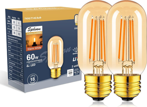 Amber Dimmable Tubular LED Bulb T45 Edison 60W Equivalent 6W 500lm 2200K Warm White, Pack of 2