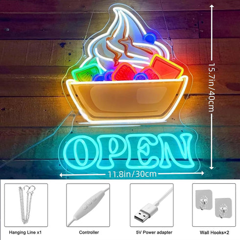 15.7"x11.8" Yogurt Open Neon Sign, Coffee Shop Decor, Custom Ice Cream LED Light, Sweet Store Wall Decor, Welcome Sign
