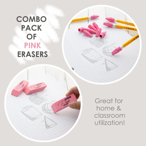 BAZIC Pink Erasers + Pencil Top Erasers Set (15/Pack), Block Erasers, Arrowhead Caps, Latex Free for Art