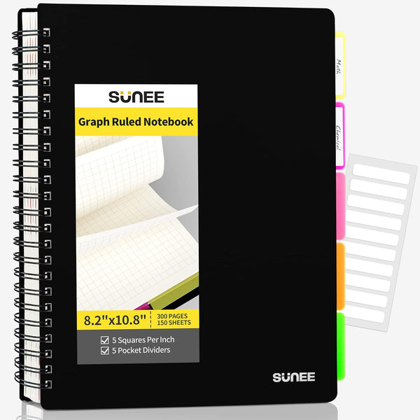 SUNEE Graph Paper Notebook, 300 Pages, 5 Subject, 8.2"x10.8", 5 x 5mm Grid, 5 Pocket Colored Dividers, 3-Hole Punched