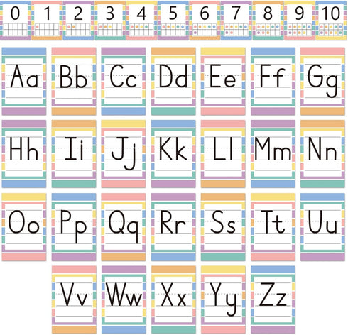 Qyeahkj 37 PCS Pastel Colors Stripes Classroom Alphabet Number Educational Poster Cards for Teacher School Home Wall