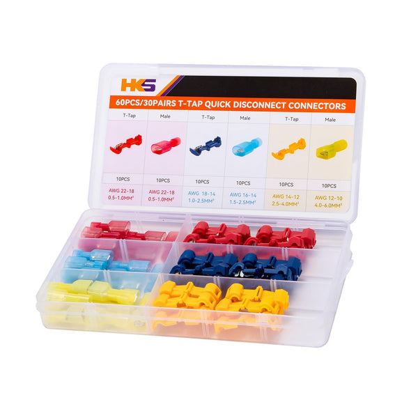 HKS 60PCS T-TAP Wire Connector Kit - 30 Pairs Quick Splice Disconnect Electrical Self-Stripping Terminals