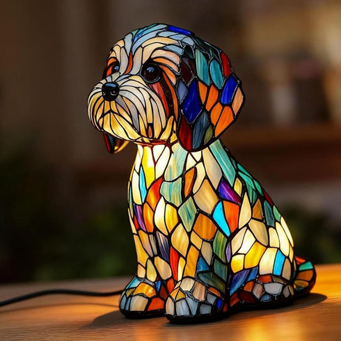 Generic Rainbows Pup Lamp 6.3inch Stained Glass Resin Dog Table Lamp, USB Powered
