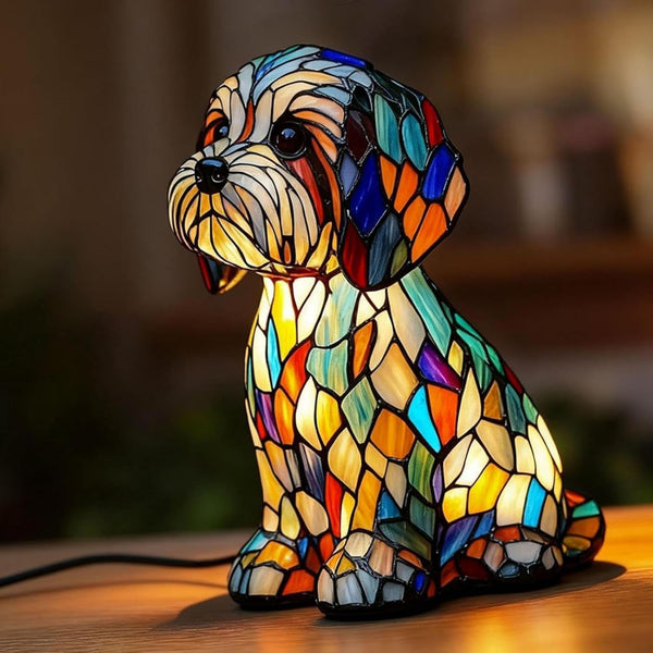 Generic Rainbows Pup Lamp 6.3inch Stained Glass Resin Dog Table Lamp, USB Powered