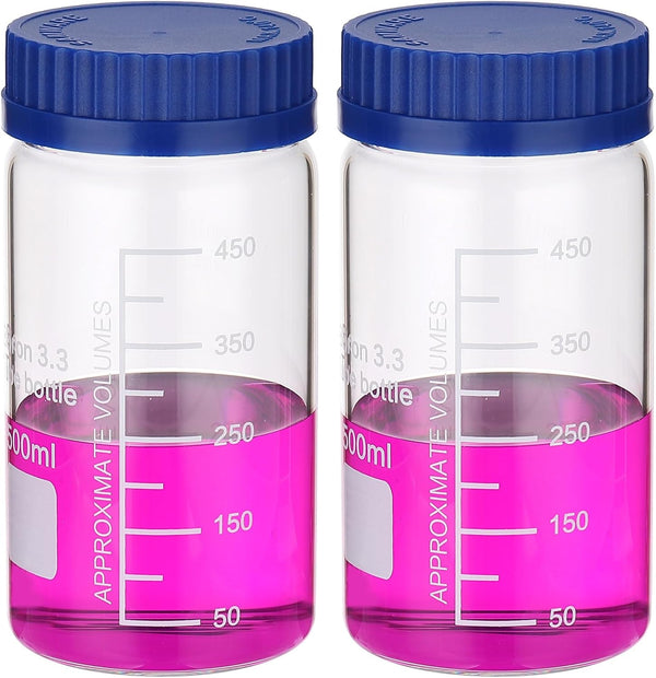 PATIKIL 2 Pack Reagent Media Storage Bottles, 500ml Borosilicate Glass Wide Mouth Bottles for Lab Liquids