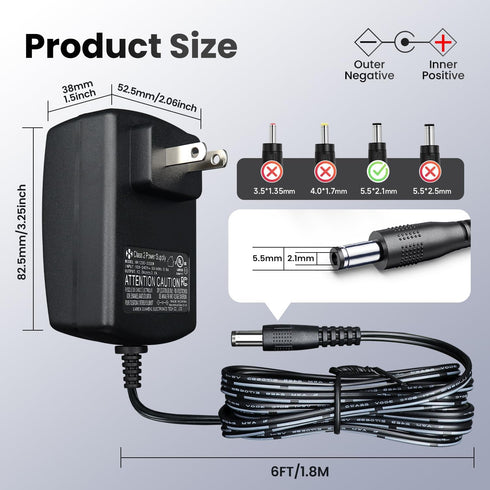 OXZEEWEE 2PCS 12V 3A 3000mA 6ft 36W 2.5A 2A 1.5A 1A 0.8A 0.5A UL Listed Power Supply Adapter, AC/DC Switching Adapter
