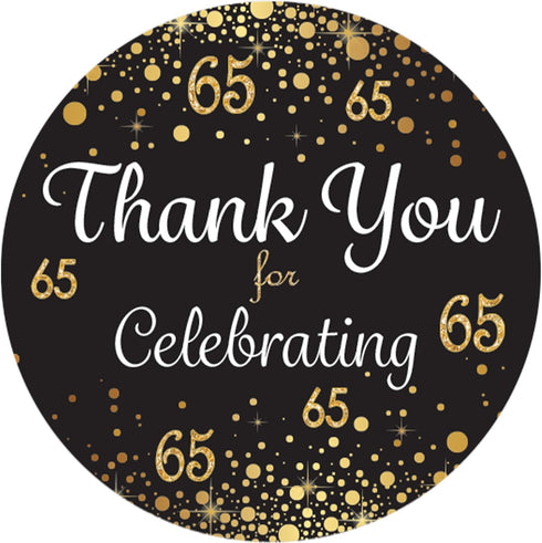 Black and Gold 65th Birthday Thank You Stickers - 40 Labels, 1.75 in