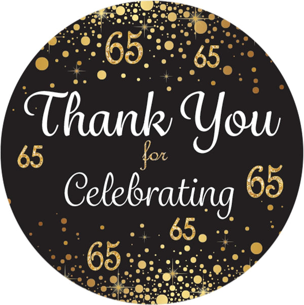 Black and Gold 65th Birthday Thank You Stickers - 40 Labels, 1.75 in