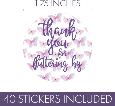 Butterfly Thank You Stickers - Thank You for Fluttering by Labels, Party Favors, 40 Count for Events