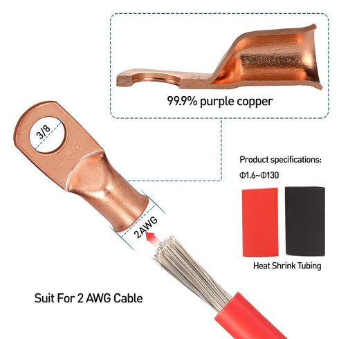 12PCS 2x3/8 Copper Ring Terminal Connectors, 2 AWG Heavy Duty Battery Cable Ends with 12 PCS 3:1 Heat Shrink Tubing for