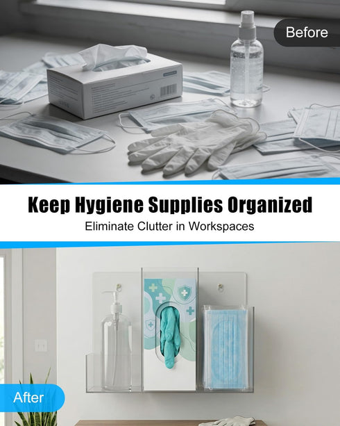 JVWKPU 3-Compartment Triple Hygiene Dispenser Station, Clear Acrylic PPE Organizer for Masks, Gloves & Hand Sanitizer