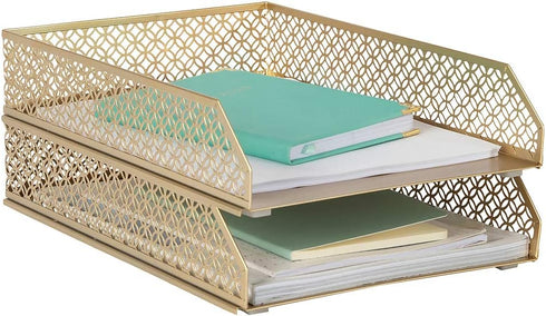 Gold File Organizer Office Inbox, Gold Paper Tray Set of 2 Stackable Letter Trays for Desk Organizer File Baskets