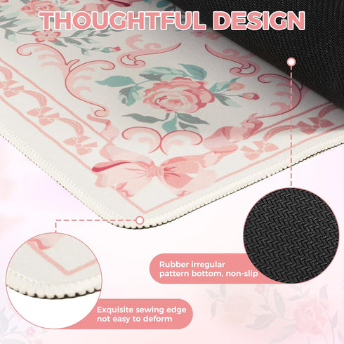 iCasso Pink Desk Mat for Desktop,Cute Desk Pad for Women,Girly Bow Mouse Pad with Stitched Edges,Non-Slip Large