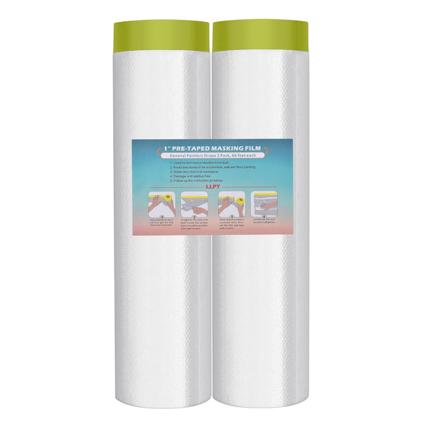 LLPT Tape and Drape 157.5” x 66 Ft Each, 2 Pack Pre-Taped Masking Film for Painting Protection