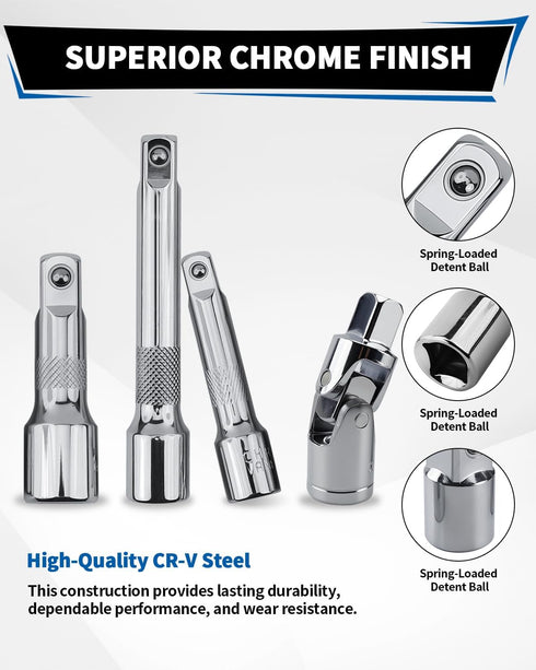 Acxetx 19 Set, 1/4", 3/8" 1/2" Piece Socket Extension and Drive Extension Bar, Universal Joint, Adapters and T-Bar