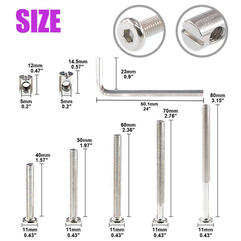 Swpeet 100Pcs M6 40/50/60/70/80mm 1 Crib Hardware Screws, Nicked Plated Hex Socket Head Cap Crib Baby Bed Bolt