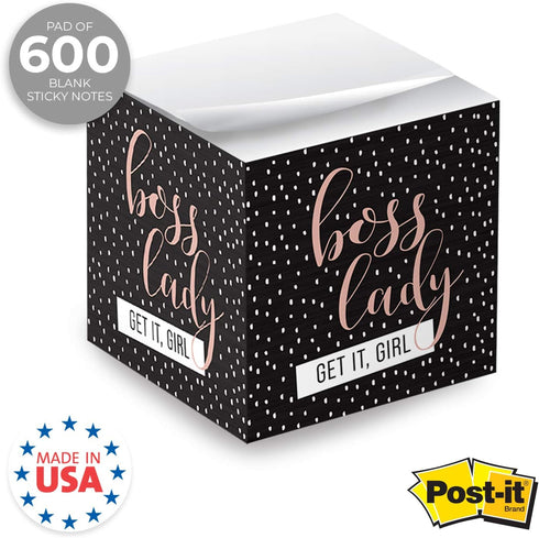 Boss Lady Sticky Note Cube - 600 Sheets Memo Block, 2.75" Printed on 4 Sides, Super Chic Empowering Design
