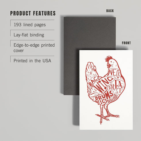 6x9 193 Lantern Press Chicken, Butchers Block Meat Cuts, Red Chicken on White (Lined Journal, Lay Flat, Pages, FSC