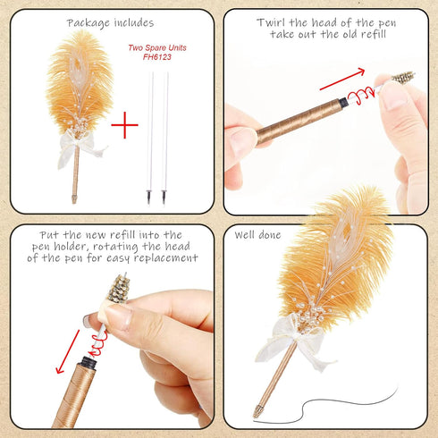 CROWN GUIDE Ostrich Feather Quill Ballpoint Pen - Wedding Guest Book Signing Reception Fancy Nikkah Pen