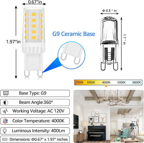 Energetic G9 Bulb Non-Dimmable, G9 40W T4 Halogen Equivalent, 400LM G9 LED Bulb Cool White 4000K, G9 Loop Pin Base LED Bulbs for Chandelier Lighting, ETL Listed, 10 Pack by E ENERGETIC LIGHTING