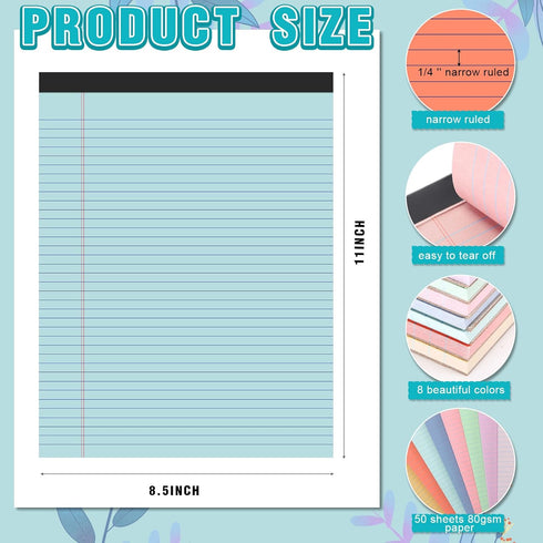 Fuutreo 8 Pcs 8.5'' x 11'' Colored Legal Pad Writing Pads, Narrow Ruled, 50 Sheets Per Notepad