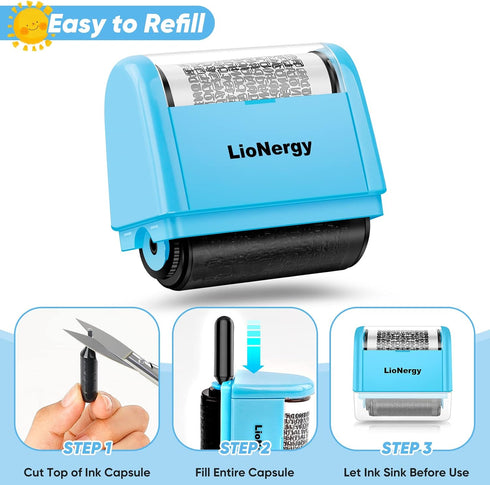 LioNergy Identity Protection Roller Stamp, Identity Theft Prevention Security Stamp with 3 Refills, Blue
