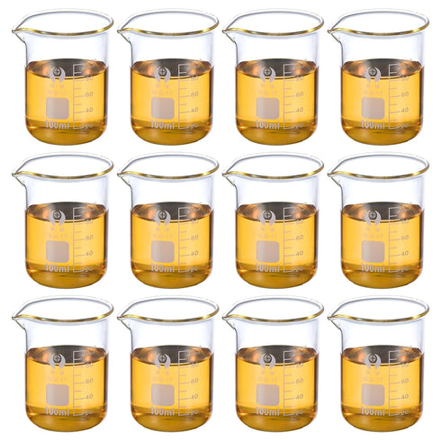 PATIKIL 100ml Low Form Glass Beaker, 12 Pack, 3.3 Borosilicate Glass Graduated Measuring Cups with Spout for Kitchen Lab