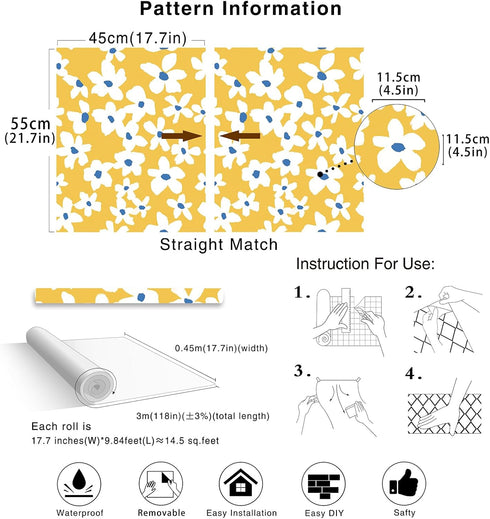 HAOKHOME 93391-1 Yellow Peel and Stick Wallpaper, Floral Removable Wall Paper for Bedroom Bathroom, 17.7in x 9.8ft