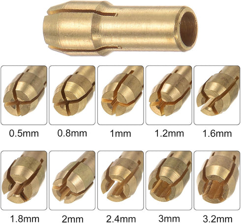 10pcs Brass Collet 0.5-3.2mm, Quick Change Drill Chuck Bit Sets for Mini Electric Grinder, 4.8mm Shank Diameter