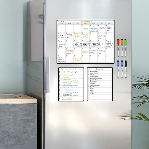 JJPRO Magnetic Monthly Calendar Whiteboard Set for Fridge, Meal Planner Board with Bonus Grocery & Weekly Menu Board