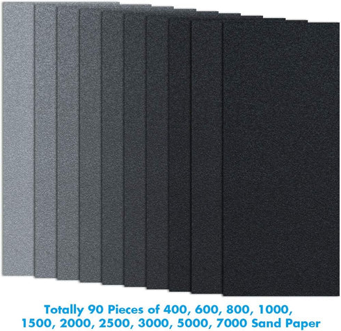 Anezus 90 Pieces Sandpaper Assortment, 400 to 3000 Grit Wet Dry Fine Sand Paper for Automotive, Car Painting, Wood