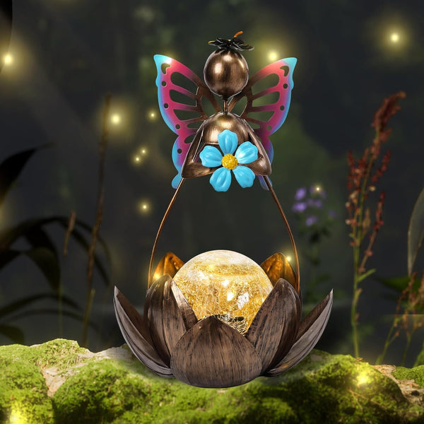 Afirst Solar Lights Outdoor, Solar Fairy Lotus Lamp Garden Decor Metal Crackle