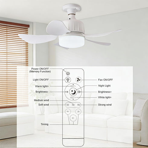 WUTGHUI Dimmable Bulb 3000K-6000K 3-Color E26/E27 Socket Fan Light with Remote Control, LED Fan Lighting, Base Socket