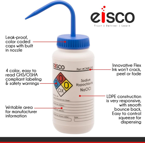 EISCO Wash Bottle for Sodium Hypochlorite (Bleach), 1000ml - Color Coded Chemical & Safety Information