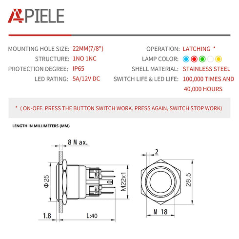 APIELE 22mm Latching Push Button Switch, 12V Angel Eye Ring Light LED Waterproof, 1 Pack (Blue)