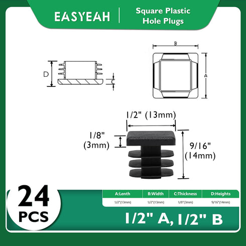 1/2" (13mm) 24 EASYEAH Plastic Hole Plugs Black -Square Chair Leg Caps & Pipe Plugs, Tubing End Caps for Metal and Wood