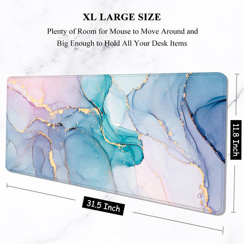 Auhoahsil XXL Large Mouse Pad, 31.5" x 11.8", Blue Pink Marble, Non-Slip Rubber Base, Stitched Edges, Gaming Mat