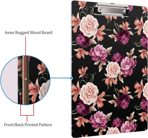 WAVEYU Cute Decorative Clipboard for Office School, Hardboard with Low Profile Clip, Floral Pattern (12.5"x9")