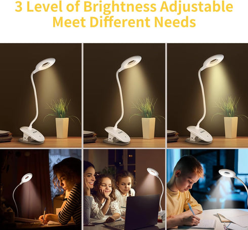 Clip on Light for Bed & Desk, Reading in Bed, Dorm, Flexible Gooseneck, Battery Operated Rechargeable Clamp Lamp for Headboard, Eye-Caring LED Light with 3 Brightness Modes by KLEAH