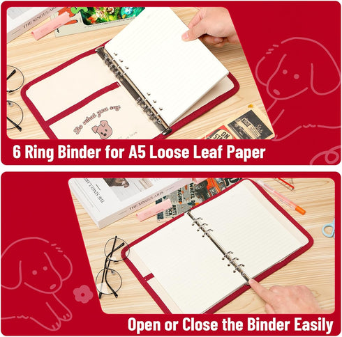 Toplive Cute A5 Refillable Notebook Binder, Canvas 6 Ring Cover, 100 Sheets Filler Paper, Puppy Pattern Journal