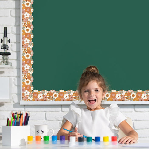 Whaline 32.8ft Boho Floral Bulletin Board Borders Retro Flower Scalloped Strips for School Classroom Office