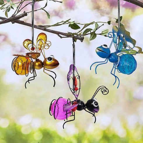 Honeybee Solar Lantern Garden Decor, LED Hanging Solar Dragonfly Decoration, Patio Yard Butterfly Sculptures,