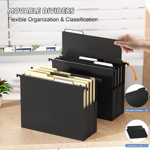 Plastic Extra Capacity Hanging File Folders, 6 Pack Heavy Duty 4" Expandable with Movable Dividers, Letter Size-Black
