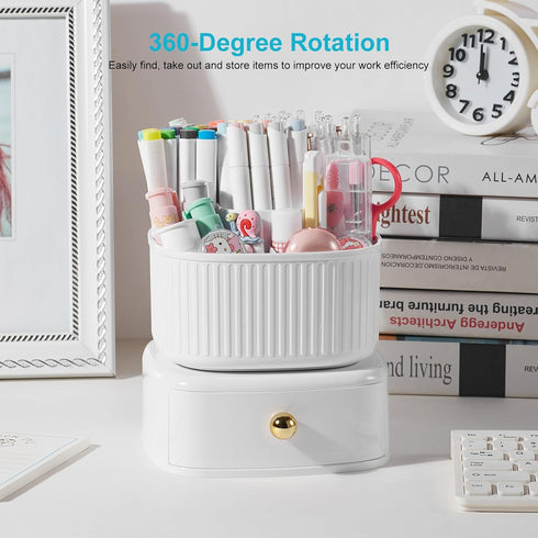 Pencil Pen Holder with Drawer, 5 Slots 360 Degree Rotating Pen Organizer For Desk, Desktop School Supplies Desk Accessories for Office School Home Art Supply White by Lolocor