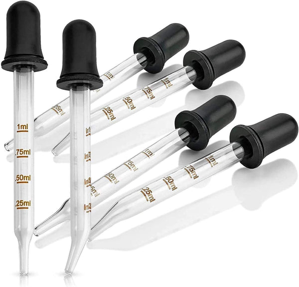Eye Dropper - 6-Pack Calibrated Glass Medicine Droppers with Bent & Straight Tip for Essential Oils, 1mL Capacity