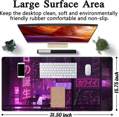 Purple Gaming Mousepad, Japanese Desk Mat XXL Extended Anime Cool Large Mouse Pad for Computer Gamers, 31.5''X15.7''